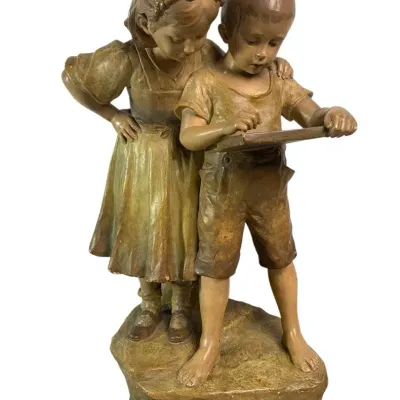Sale Photo Thumbnail #43: Vintage Boy & Girl Figurine Group 20" – Marked “Fabrique Sanitaire” Z 3774, Antique-Style Sculpture