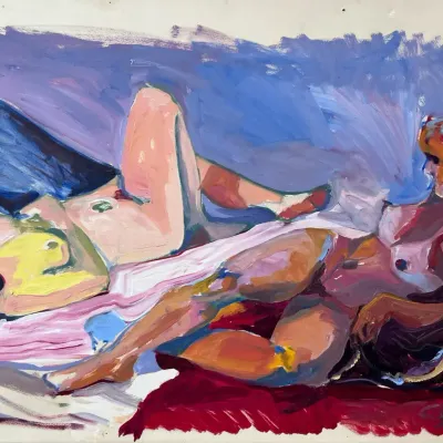 Original Nancy Shand Oil on Paper - "Two Nudes in Conversation"