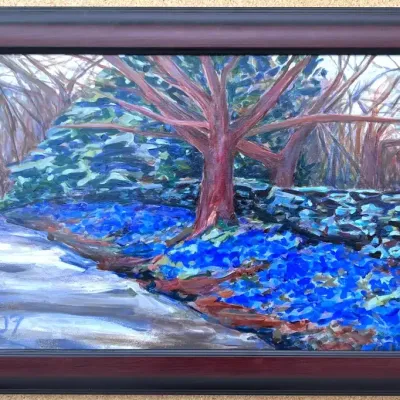 Original Nancy Shand Oil on Canvas Painting - "Blue Bells in Rain"