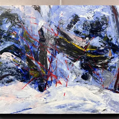 Original Nancy Shand Oil on Board Painting - "Red Bud, Winter"