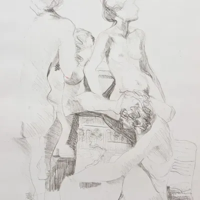 Original Nancy Shand Conte Crayon on Paper - "Four Figures"