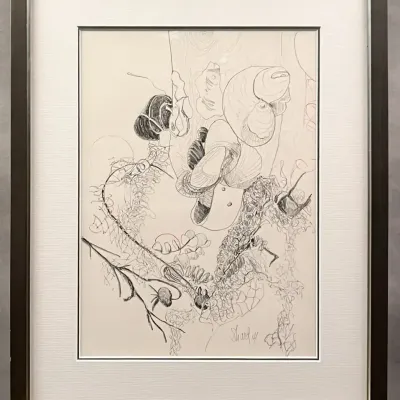 Original Nancy Shand Graphite with Red Pen on Paper - "Shells with Red Line on Buoy"
