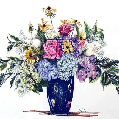 Original Nancy Shand Pastel on Paper - "Bouquet in Blue Vase"