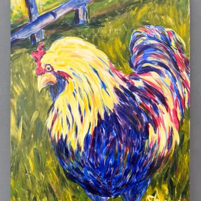 Original Nancy Shand Oil on Board Painting - "Mad Chicken"