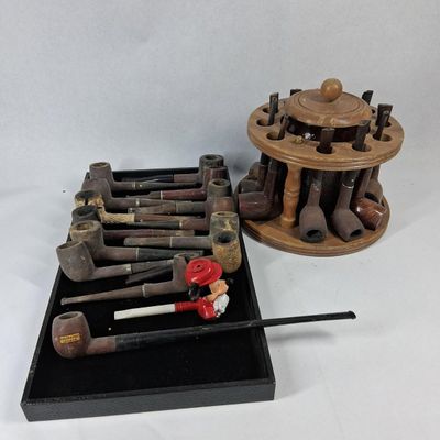 Sale Photo Thumbnail #78: Vtg Pipes, Carousel Rack & Humidor Jar