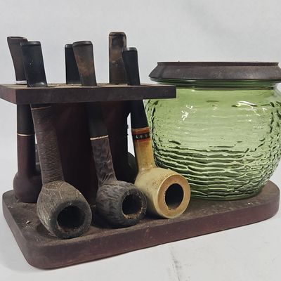 Sale Photo Thumbnail #201: Pipe Stand, Green Glass Humidor & Pipes