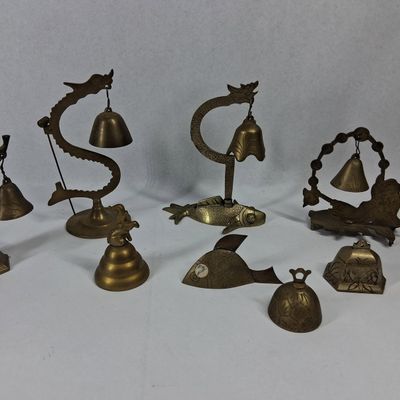 Sale Photo Thumbnail #189: Set 10 Chinese Brass Bells & Stands