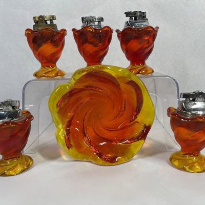 Sale Photo Thumbnail #430: Set Amberina Art Glass Lighters & Dish