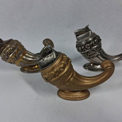 Sale Photo Thumbnail #103: 3 Vtg Metal Cornucopia Table Lighters