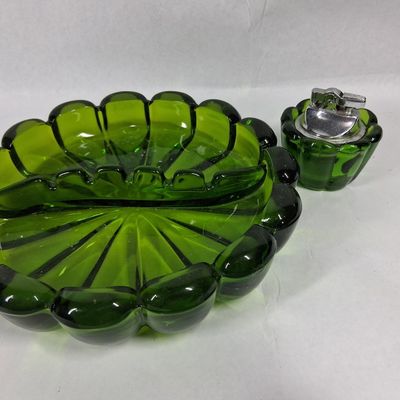 Sale Photo Thumbnail #397: Green Pressed Glass Ashtray & Lighter