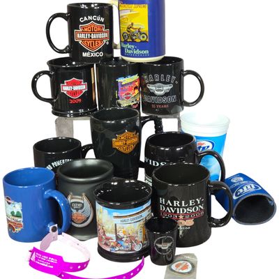 Seventeen Items Featuring Harley-Davidson Ceramic Mugs and Miller Lite Beverage Accessories