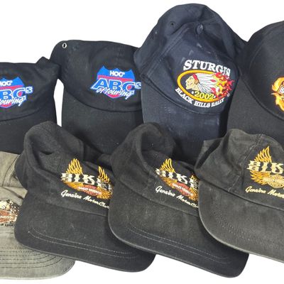 Eight Harley-Davidson and Motorcycle Rally Themed Fabric Baseball Caps