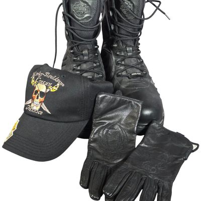 A Group of Harley-Davidson Branded Leather Boots and Apparel