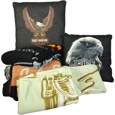 Six Licensed Harley-Davidson Textile Items including Biederlack Blankets and Holoubek Pillows