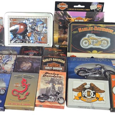 Harley-Davidson Playing Cards and Collectible Tins featuring Die-Cast Motorcycle Model