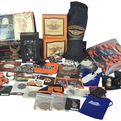 Harley-Davidson and Motorcycle Memorabilia featuring Anniversary Coins and Die-Cast Vehicles