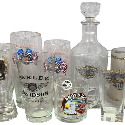 Twelve Harley-Davidson Commemorative and Dealership Barware Items