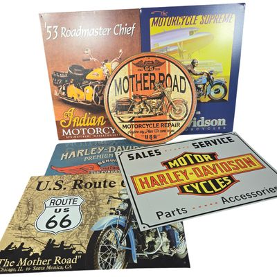 Six Contemporary Harley-Davidson and Indian Motorcycle Themed Metal Signs