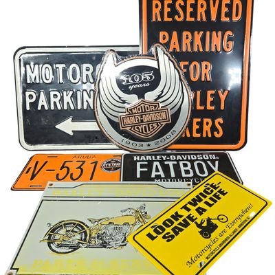 Seven Harley-Davidson and Motorcycle Themed Signs and License Plates