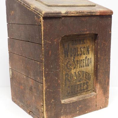 Sale Photo Thumbnail #50: Wooden primitive Wilson Spice Co. coffee bin