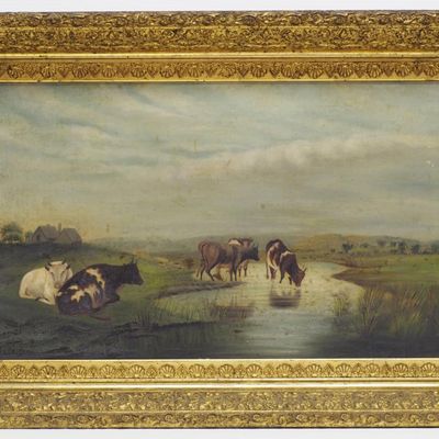 Sale Photo Thumbnail #118: Early oil painting of pasture scene with cows