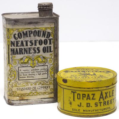Sale Photo Thumbnail #320: Neatsfoot Harness Oil tin. / Topaz Axle Grease tin