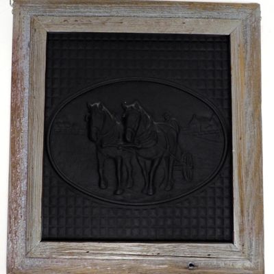 Sale Photo Thumbnail #115: Embossed cast iron 2-horse farm hitch in frame