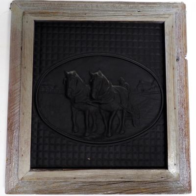 Sale Photo Thumbnail #116: Embossed cast iron 2-horse farm hitch in frame