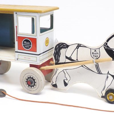 Sale Photo Thumbnail #64: Rich Toys wood & tin horse-drawn milk wagon