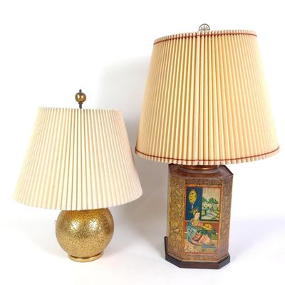 Sale Photo Thumbnail #231: Tin Decorated Table Lamp & Mid-Century Gold Spherical Table Lamp