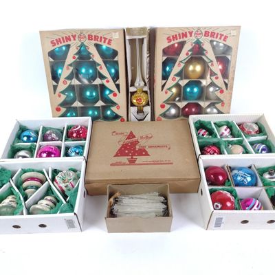 Sale Photo Thumbnail #270: 11 Boxes of Vintage Christmas Ornaments Incl. Shiny Brite