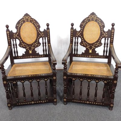 Sale Photo Thumbnail #277: Pair of Inlaid and Cane Armchairs