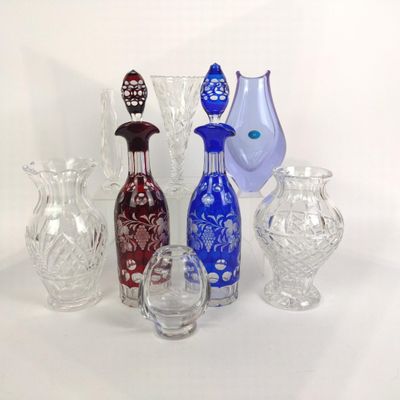 Sale Photo Thumbnail #486: 10 Pieces of Cut Glass Incl. Ruby & Cobalt Glass Decanters