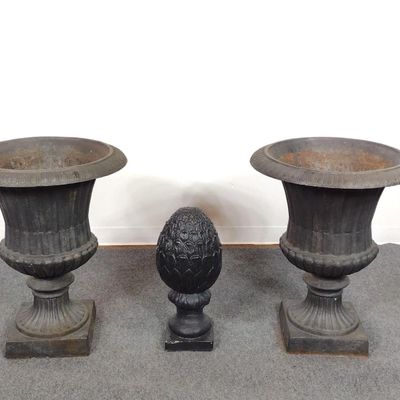 Sale Photo Thumbnail #280: Pair of Cast Iron Planters and Cement Decoration