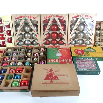 Sale Photo Thumbnail #239: 14 Boxes of Vintage Christmas Ornaments Incl. Shiny Brite & On-A-Lite