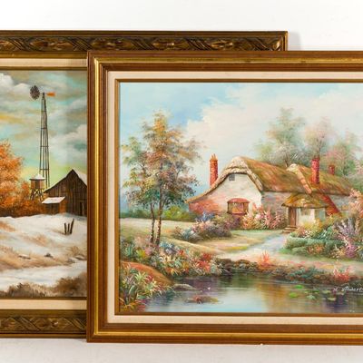 Sale Photo Thumbnail #93: 2 Farm Scene Landscape Paintings