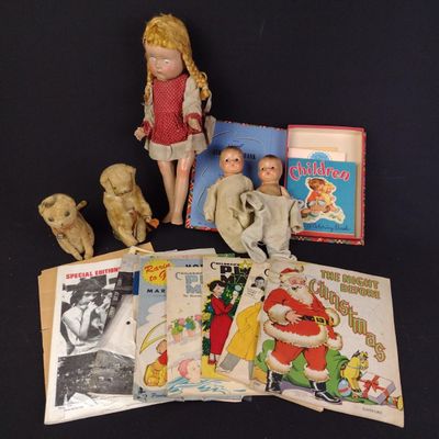 Sale Photo Thumbnail #525: 3 Antique Dolls, 2 Cat Toys & Children's Ephemera