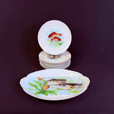 Sale Photo Thumbnail #454: 8 Henry Birks & Sons Fish Plates & Platter