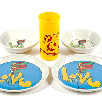 Sale Photo Thumbnail #54: 2 Peter Max "Love" Bowls, 2 Plates & Plastic Cup