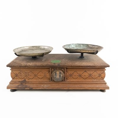 Sale Photo Thumbnail #118: Antique Oak & Marble Apothecary Scale