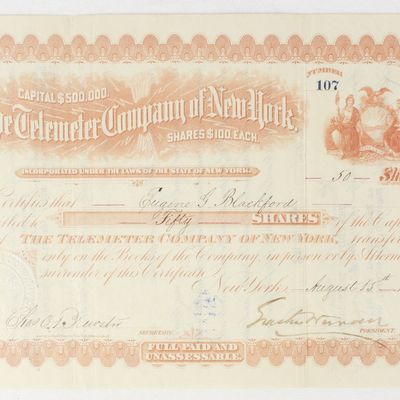 Sale Photo Thumbnail #398: 1884 Telemeter Co. of New York Stock Certificate