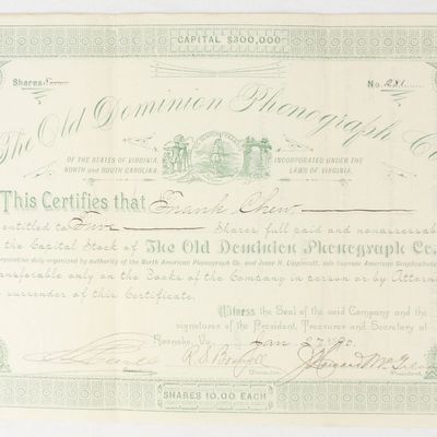 Sale Photo Thumbnail #404: Old Dominion Phonograph Co Stock Certificate