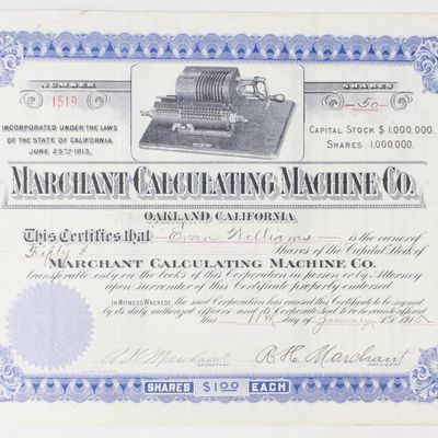 Sale Photo Thumbnail #399: Marchant Calculating Machine Co. Stock Certificate