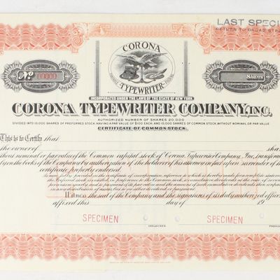 Sale Photo Thumbnail #402: Corona Typewriter Co. Stock Certificate