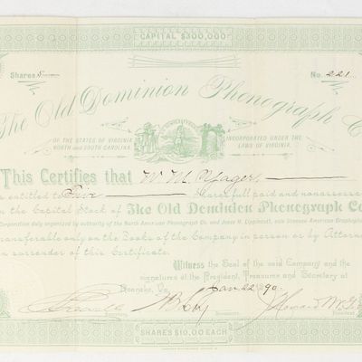 Sale Photo Thumbnail #405: Old Dominion Phonograph Co Stock Certificate