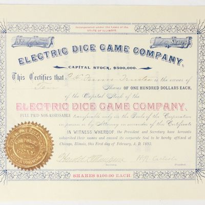 Sale Photo Thumbnail #396: 1893 Electric Dice Game Co. Stock Certificate