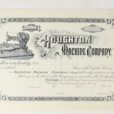 Sale Photo Thumbnail #401: Houghton (Sewing) Machine Co. Stock Certificate