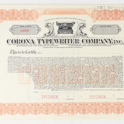 Sale Photo Thumbnail #403: Corona Typewriter Co Stock Certificate