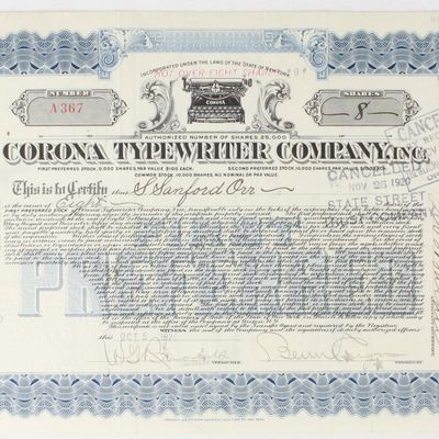 Sale Photo Thumbnail #393: 1920 Corona Typewriter Co. Stock Certificate