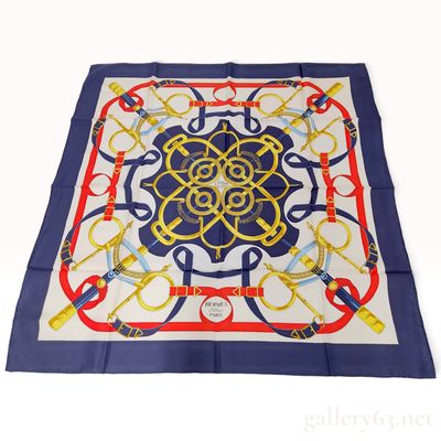 Sale Photo Thumbnail #83: Hermes Eperon d'Or Navy Silk Carre 90